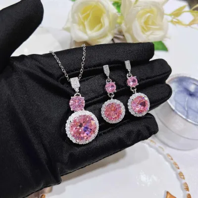 Crystal Circle Pink Stone Earring Necklace Set  (3 pcs)